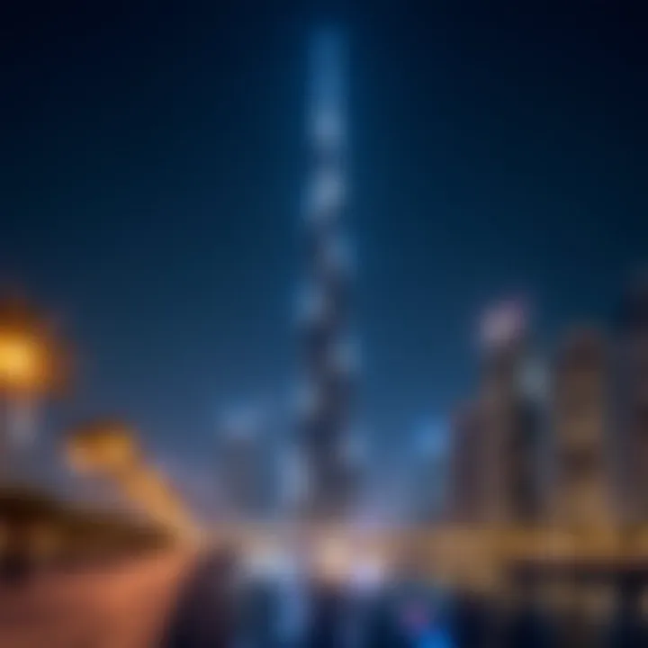 Night view of Burj Binghatti Jacob illuminated against the backdrop of Dubai