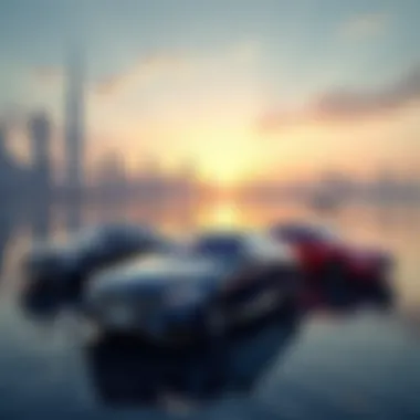 The Fusion of Luxury Cars and Iconic Dubai Skyline Dubai skyline with luxury cars