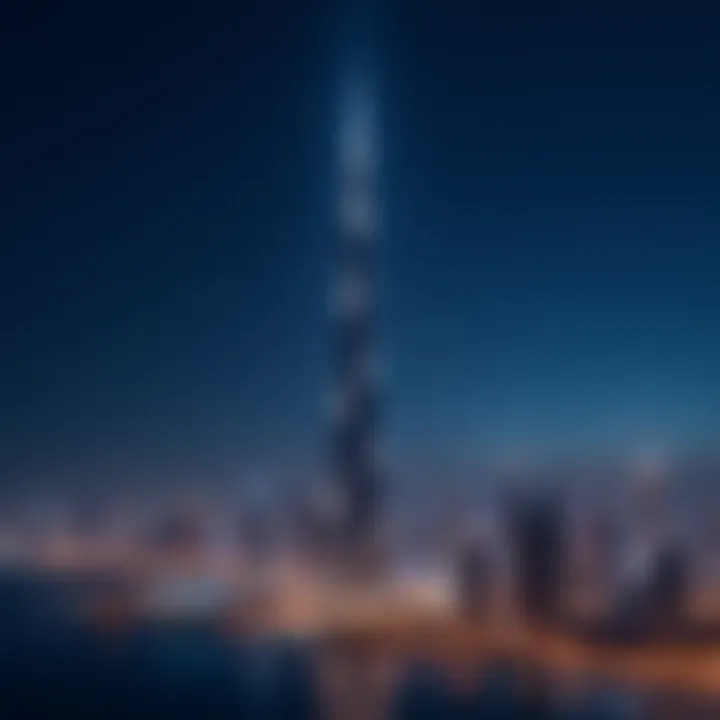 Nighttime illumination of Sky Tower against the Dubai skyline