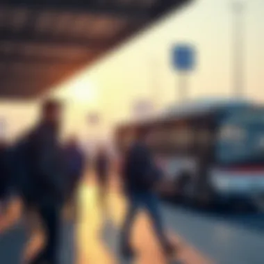 Commuters at a bus station waiting for transport